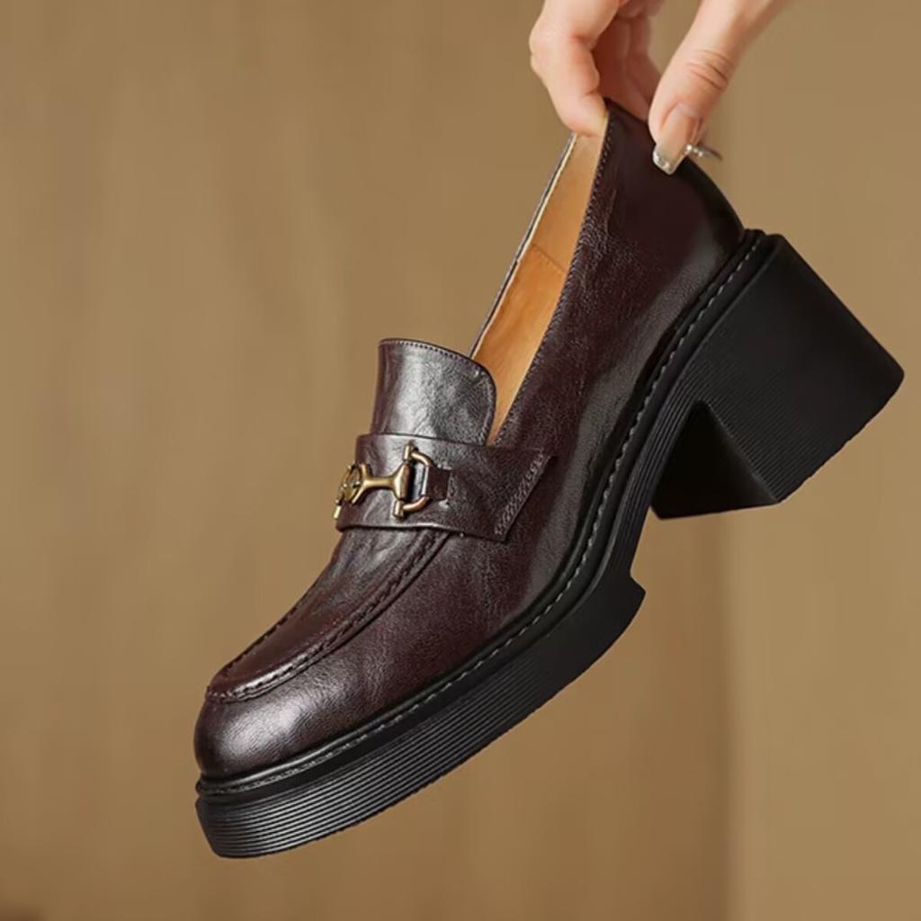 Элегантные и тонкие~ Женские лоферы 2025 новая осень и зима ленивые туфли британский стиль маленькие кожаные туфли толстый каблук высокие каблуки 6 см