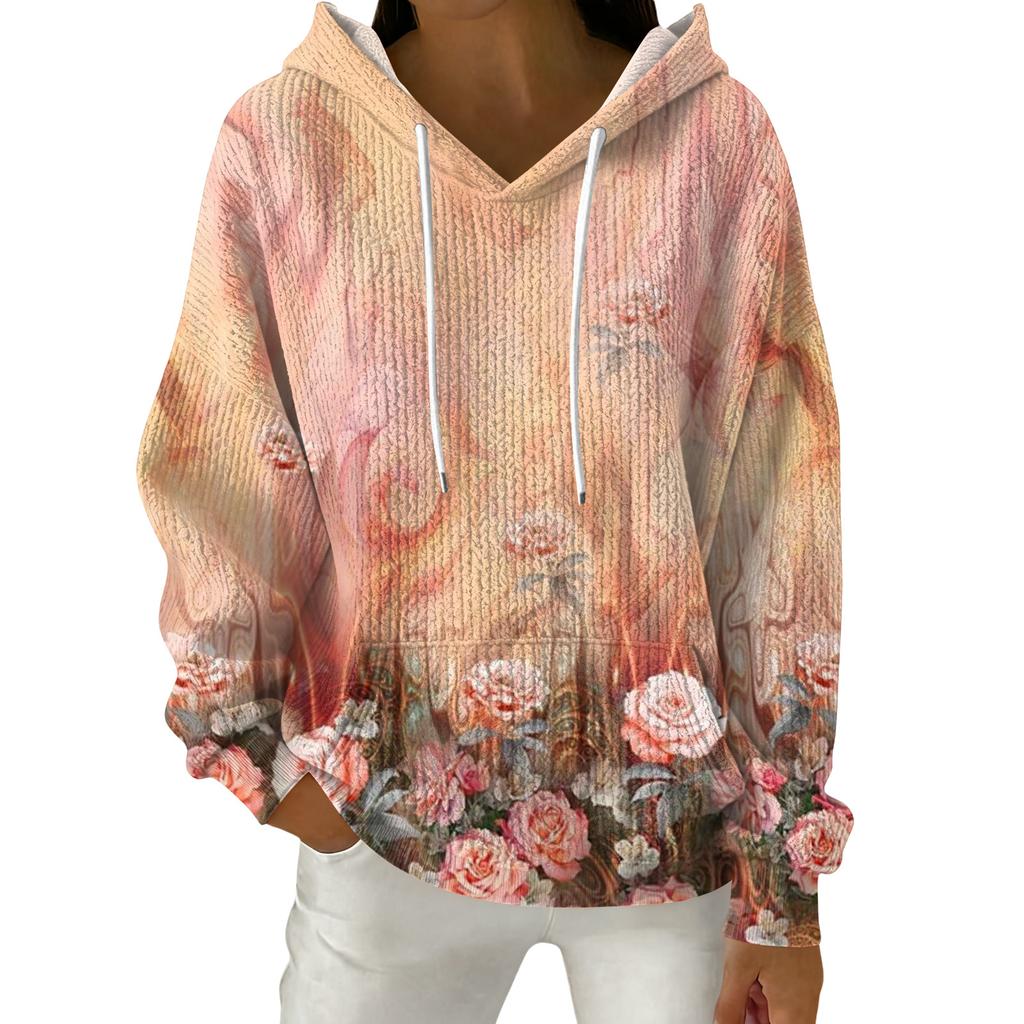 Women's Fashion Casual Floral Print Pullover Long-Sleeve Hooded Sweatshirt