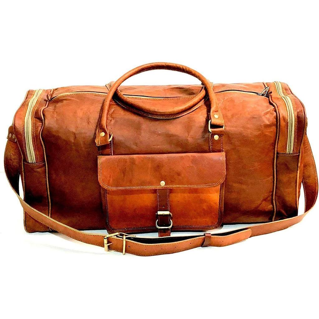 Винтажная коричневая дорожная сумка на выходные из натуральной козьей кожи ручной работы