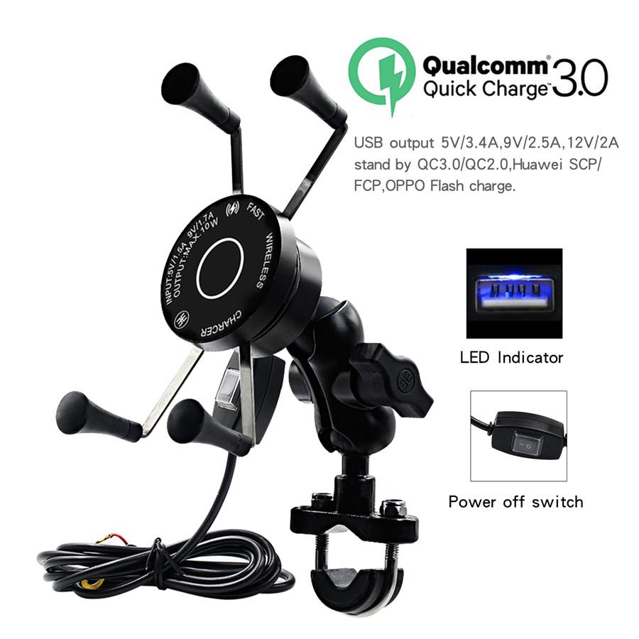 Motorcycle Wired +wireless Fast Charging Mobile Phone Holder QC3.0 Fast Charging
