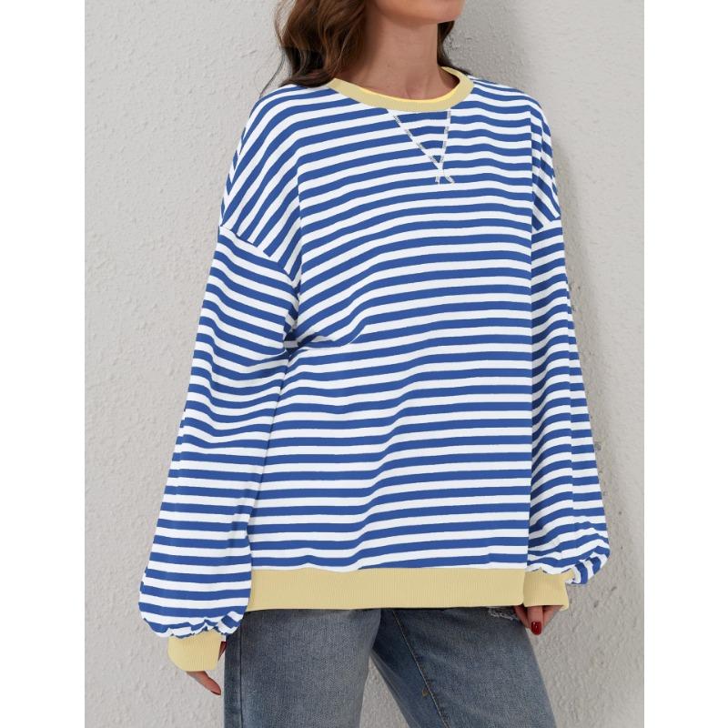 Женская осенне-зимняя полосатая толстовка с круглым воротником Color Collision Loose с длинным рукавом