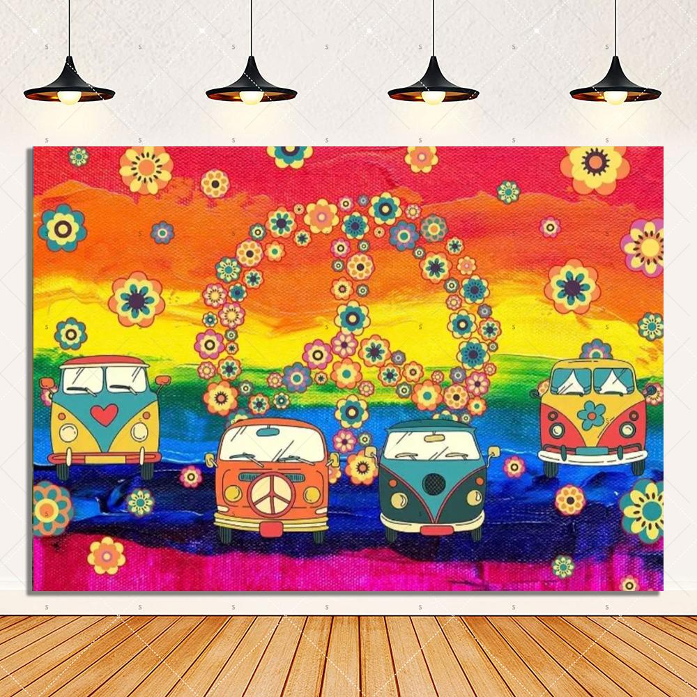 Colorful Hippie Bus Background Banner Bohemian Style Theme Backdrop Supplies Love And Peace Party Decorations Photography Props
