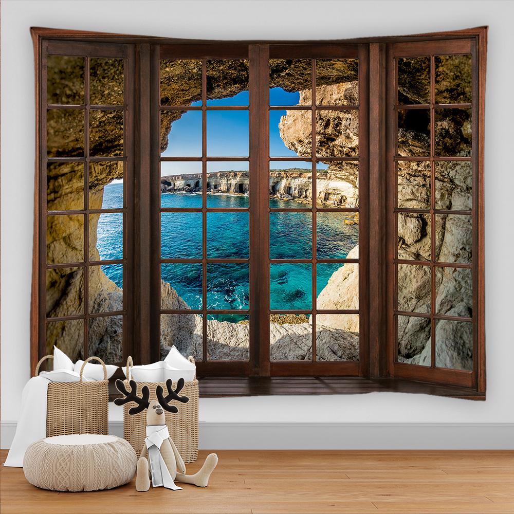 3D вид из окна, украшение, гобелен, настенный гобелен в стиле хиппи, декоративный гобелен в стиле бохо, настенный гобелен для спальни, общежития