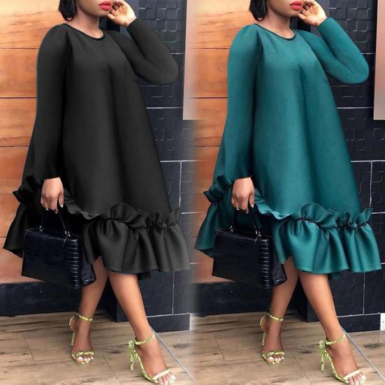 Oversized Dress A-line Ruffle Hem Knee Length Pure Color Midi Dress Long