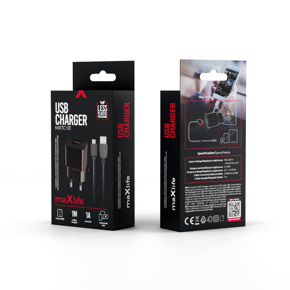 Maxlife Ładowarka Sieciowa Mxtc-01 1X Usb 1A Czarna + Kabel Microusb