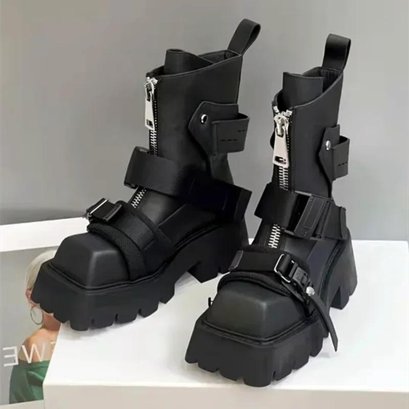 Модные роскошные кожаные ботильоны женские на молнии, с ремешком с пряжкой, мотоциклетные ботинки на толстой подошве, нескользящей платформе, боты для женщин