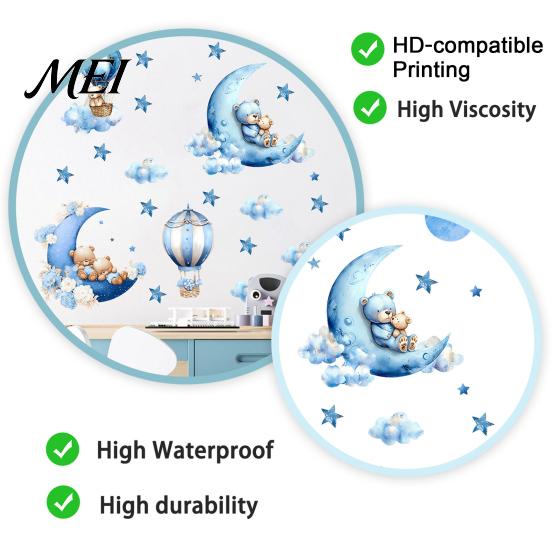 Haze Blue Bedroom Decor 2Pcs Starry Sky Bear Wall Stickers, Cartoon Moon Hot Air Balloon Decals, Baby Nursery Decals Peel And Stick Art Decors for Kid