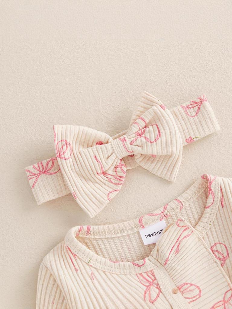 Боди с принтом бабочек, длинным рукавом и бантом - Хлопковый в рубчик для новорожденных, Весенне-осенний стиль