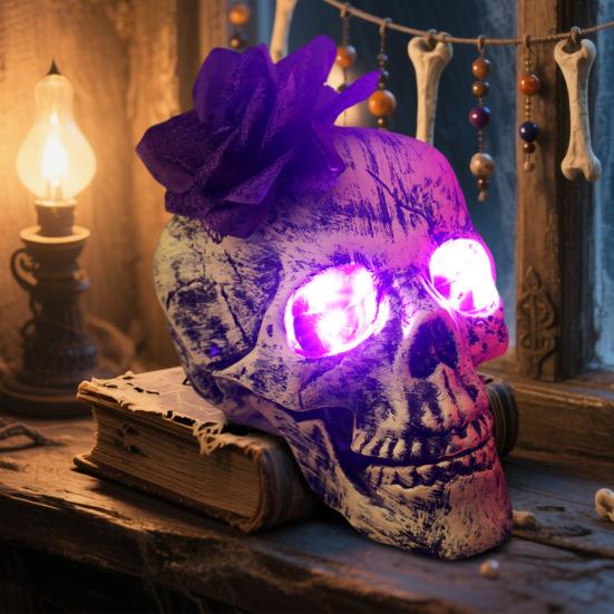 Halloween Skull Statue with Flower Plastic Small Size Human Head Bone Sculpture Collectible Skeleton Figurine for Indoor Outdoor Decor