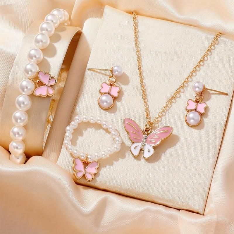 Eco-Friendly Kids Jewelry Set With Butterfly Pendant Pearl Chain Necklace Earrings Bracelet Ring Girls