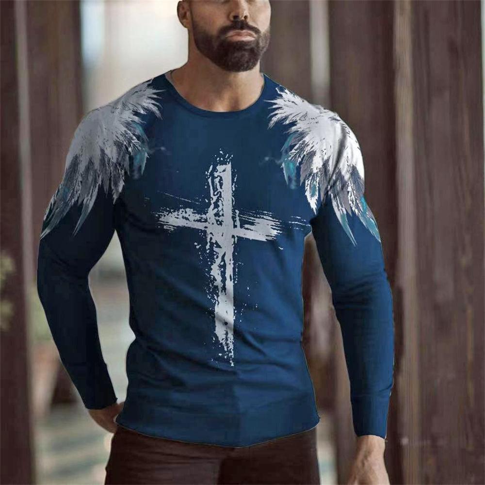 Spring and Autumn Round Neck 3D Cross Printed Top Fashionable Casual Vintage Christian Long Sleeved Men's T-shirts