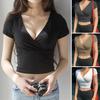 Women T-shirt Deep V-Neck Short Sleeve Navel-Exposed T-Shirt Slim Fit Solid Color Tops Lightweight Stretch Cropped Tops