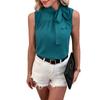 Summer 2022  Fashion Women Clothing Elegant Office Lady Sleeveless Blouse Solid Color Blue Tops Bow Shirt Blusa Mujer 24289