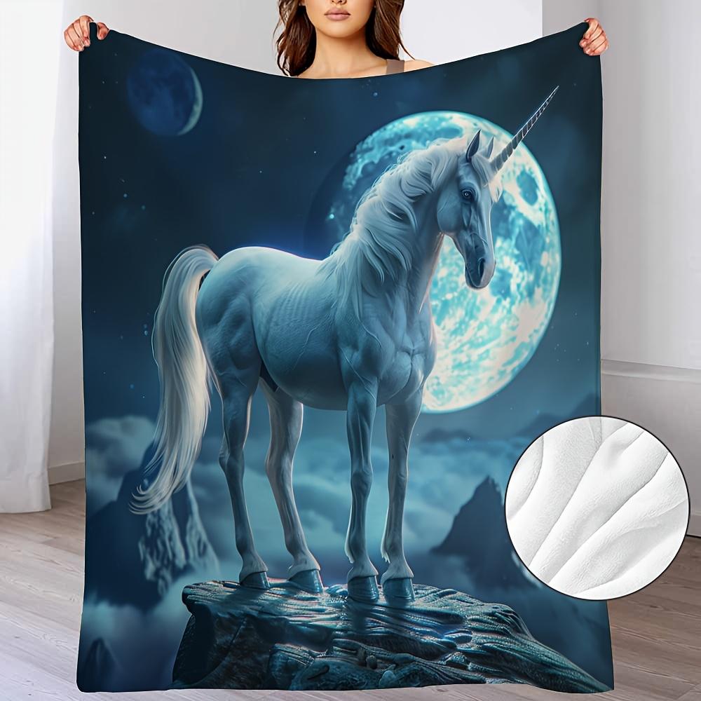 1pc Moon Unicorn Throw Blanket for Couch and Bed Mountain Night Nature Animal Vintage Flannel Throw Blankets Comfy Lightweight for