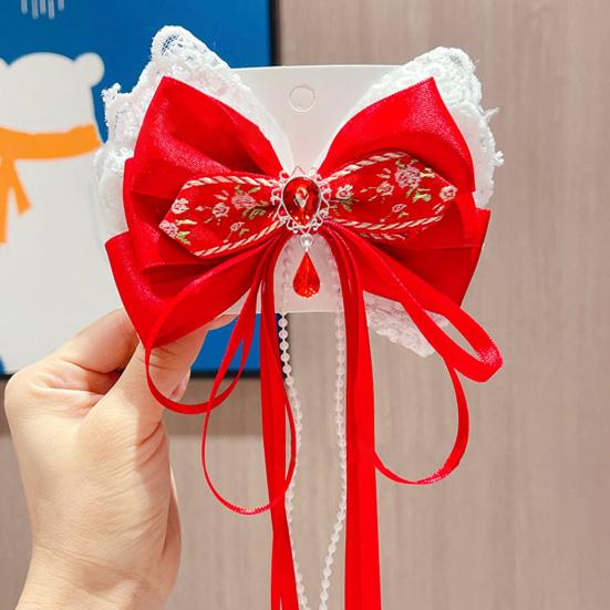 Китайская новогодняя заколка для волос с кружевными стразами, заколка для волос в стиле банта с кисточками, праздничный аксессуар для волос