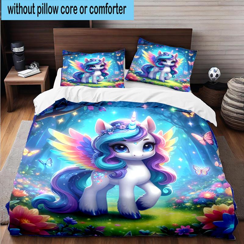 Rainbow Unicorns Garden 3pcs Bedding,Including 1pc Duvet Cover And 2pcs Pillowcases Perfect for Christmas,Ideal for Bedroom, Dormitory