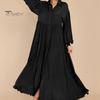Осень-весна женское платье трапециевидной формы с отложным воротником, большие качели, плиссированные длинные рукава, однотонное однобортное свободное лоскутное платье макси