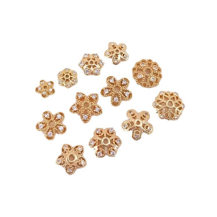 Позолоченные 14K колпачки для бусин в виде цветка и снежинки с цирконами для изготовления браслетов своими руками