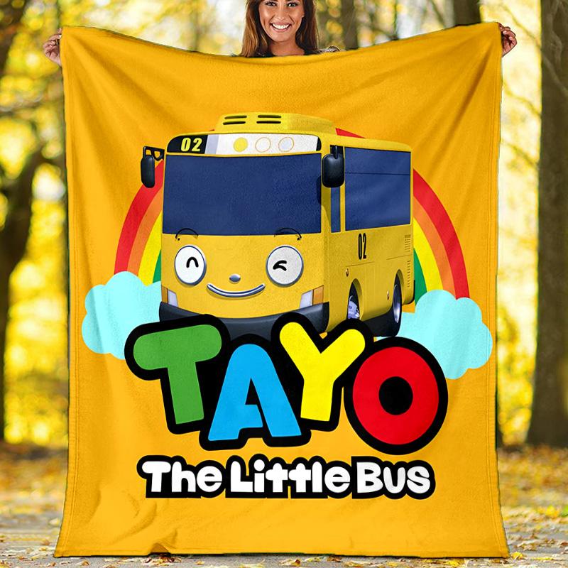 1pc Tayo The Little Bus2 Theme Soft Flannel Throw Blanket - Digital Print, Polyester, Cozy for All Seasons, Perfect for Outdoor, and Travel