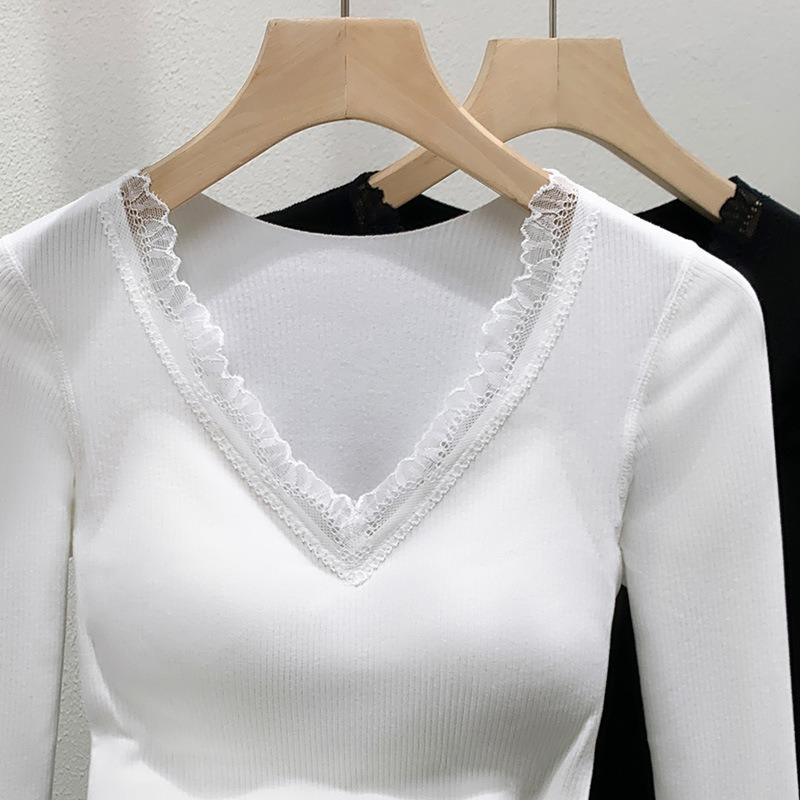 German Velvet Bottoming Shirt Women's New Lace Splicing Long-sleeved Inner Cover Autumn Clothes Velvet Thermal Underwear with Chest Pads