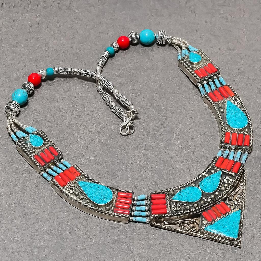 Vintage Nepali Tibetan Buddhist Necklace Natural Turquoise Coral 18" Gift NN 855