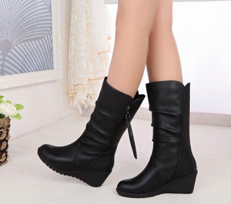 Women's Boots Wedge Heel Round Head Medium Boots Large Size Women's Shoes 35-42