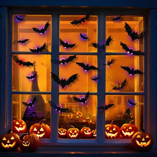 Halloween Spider Bat Sticker Set with LED Lights Spooky Atmosphere Enhancer Indoor Outdoor Decorations