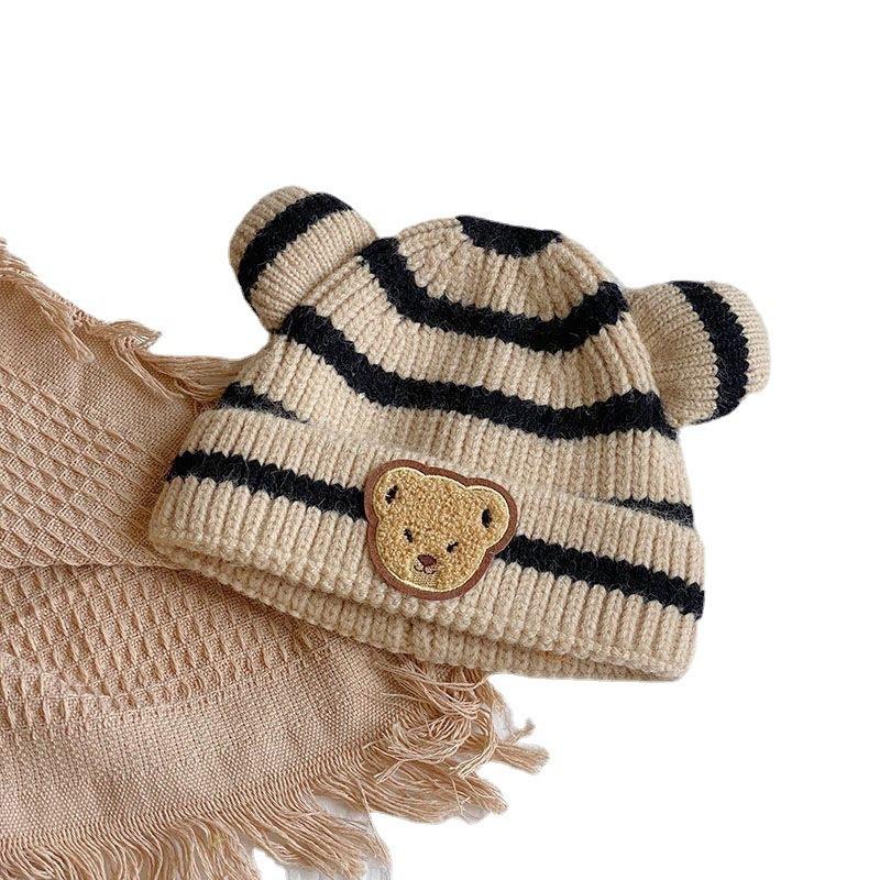 ins autumn and winter children's knitted hats, boys and girls, striped bear wool hats, curled melon rind warm hats