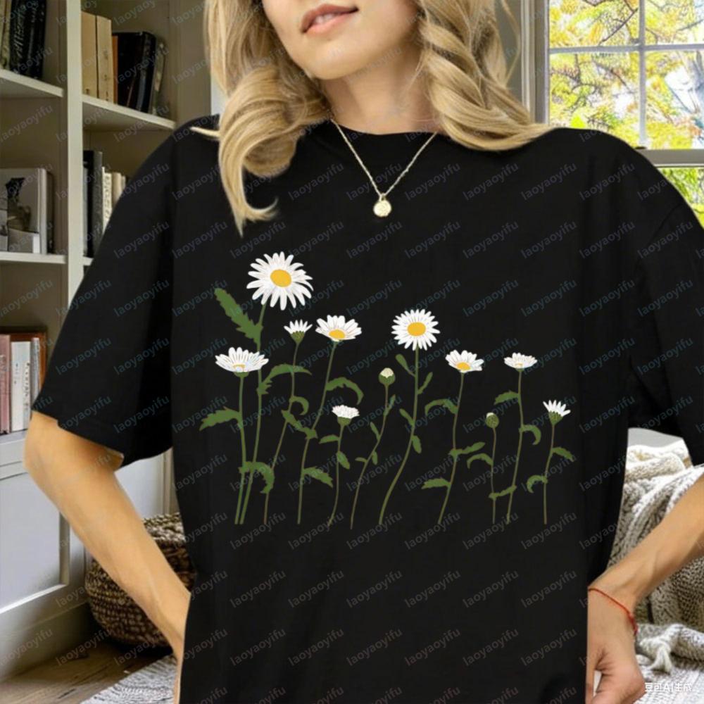 Daisy Flower TShirt Unisexs Graphic Tee Short Sleeve Wildflower Botanical Print Shirt Soft Cotton Crew Neck Shirt Spring Summer