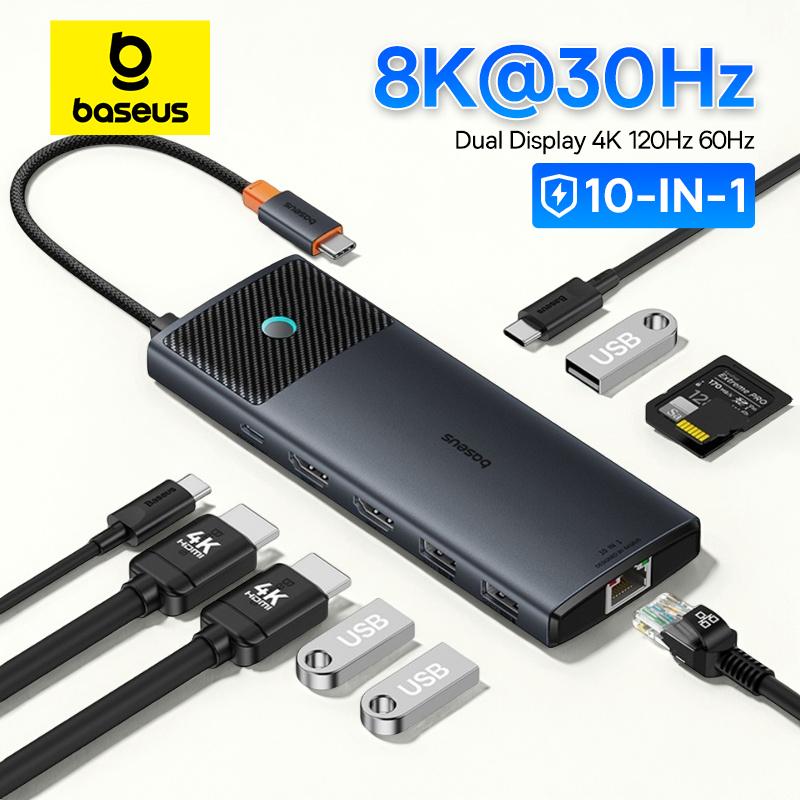 Baseus USB C ХАБ Двойной HDMI 8K 4K Адаптер 10-в-1 USB 3.2 10 Гбит/с Разветвитель с RJ45 SD TF Type C PD 100 Вт для MacBook Pro Air ХАБ