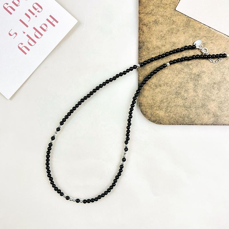 Ожерелье из стерлингового серебра 925 пробы с бусинами из черного агата, корейский стиль, чокер для женщин