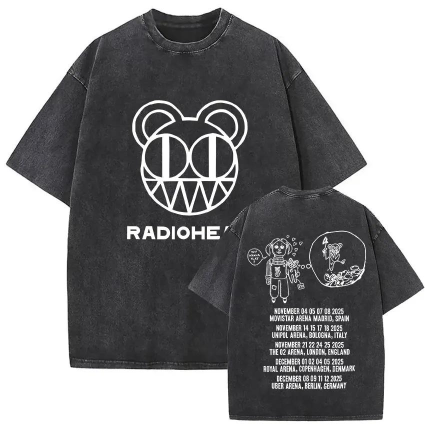 Vintage Washed Round Neck Yk Tshirt Unisex Clothing New in Top Tees Camisetas Rock Band Radiohead Tour Album YK