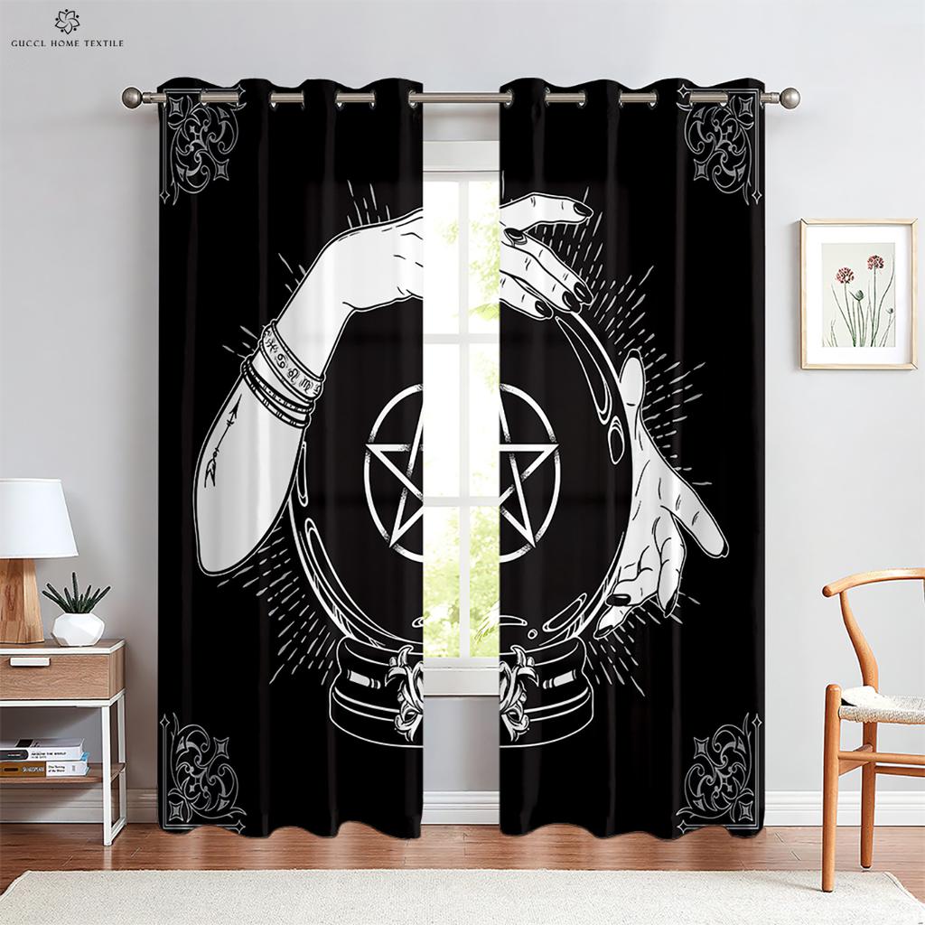 Шторы с геометрическим рисунком рунического щита и созвездия, черные шторы, для гостиной, на открытом воздухе, для спальни, кухни, для окна, 2 шт.