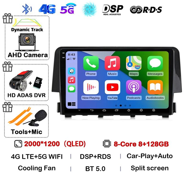 Android 14 Беспроводной Carplay Auto Для Honda Civic 2016 2017 2018 2019 2020 Автомагнитола Стерео Мультимедийный Плеер GPS 4G+WIFI DSP
