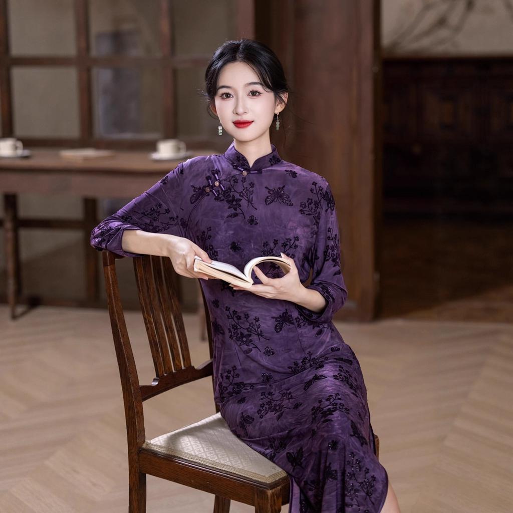 1011 autumn and winter new national style improved flocking composite cheongsam new Chinese large size long women's wedding ceremony