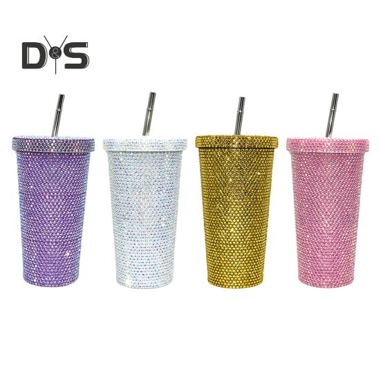 Термокружка со стразами из нержавеющей стали, термостакан с крышкой и соломинкой, бутылка для воды со сверкающими стразами, подарок на День святого Валентина