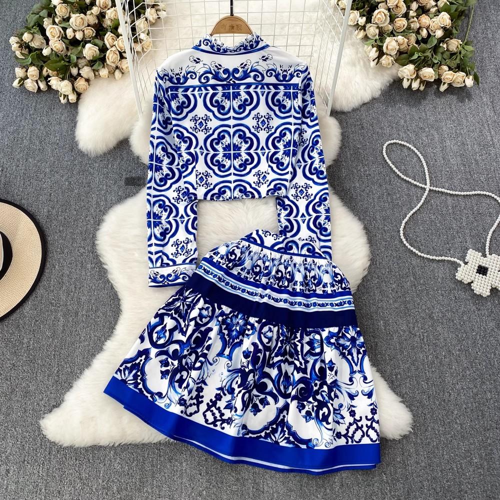 Осенняя мода на подиуме, красный, зеленый, синий и белый фарфоровый цветочный принт, женская рубашка, топ + мини-юбка трапециевидной формы, комплекты из двух предметов