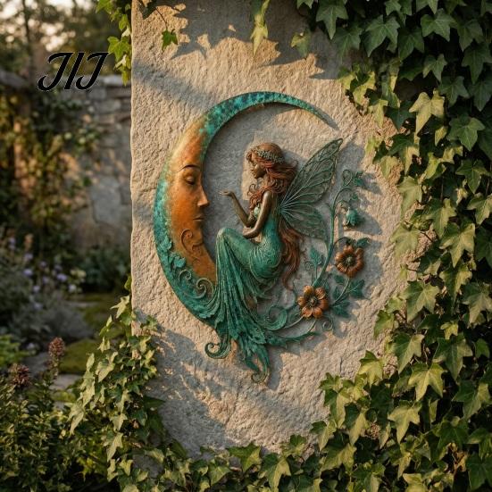 Backyard Porch Art Metal Fairy on Crescent Moon Wall Art, Vintage Elf Cutout Hanging Decor, Home Accents Weatherproof Iron Plaque for Garden