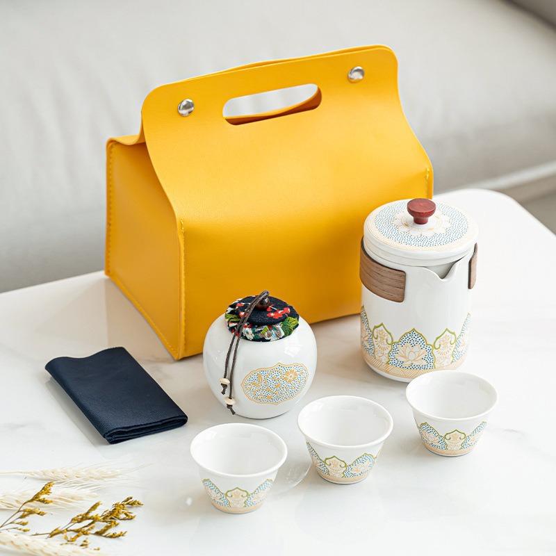 Portable Ceramic Kung Fu Tea Set with Kuaike Cup Travel Outdoor Camping Art Tea Set Business Gift with Storage Box