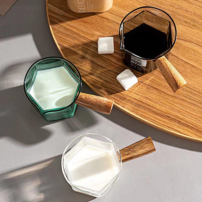 High Borosilicate Espresso Measuring Cup with Wooden Handle