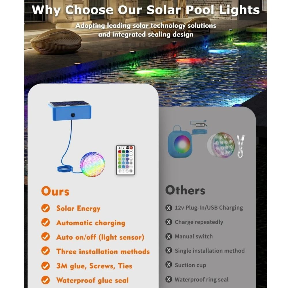 Solar RGB Swimming Pool Underwater Lights IP68 Waterproof Lighting Remote Control Brightness Levels Timer for Pond Pool Lights