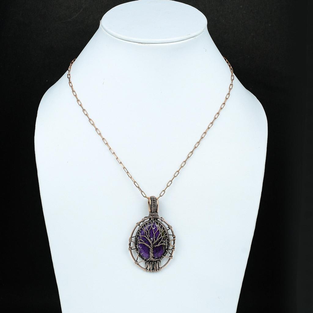 Подвеска из пурпурита «Дерево жизни» с драгоценным камнем, медной проволокой, подвеска ручной работы, проволочная обертка, ювелирное украшение в подарок для нее, изящные пурпуритовые украшения