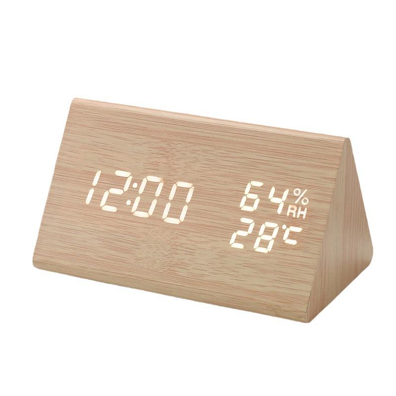 Intelligent Voice Controlled Temperature and Humidity Meter Wooden Clock Triangle Electronic Digital Clock Wooden Temperature and Humidity Alarm Clock