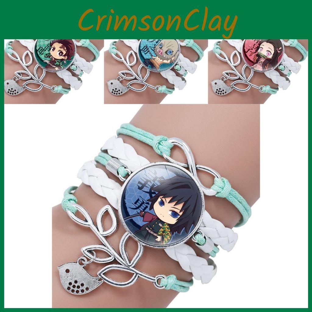 Элегантный аниме-браслет «Клинок, рассекающий демонов» с зеленым листом, драгоценным камнем времени и кожаными ремешками