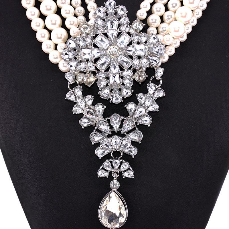 European & American Multi-Layer Pearl Crystal Water Drop Pendant Necklace - Trendy and Bold Design