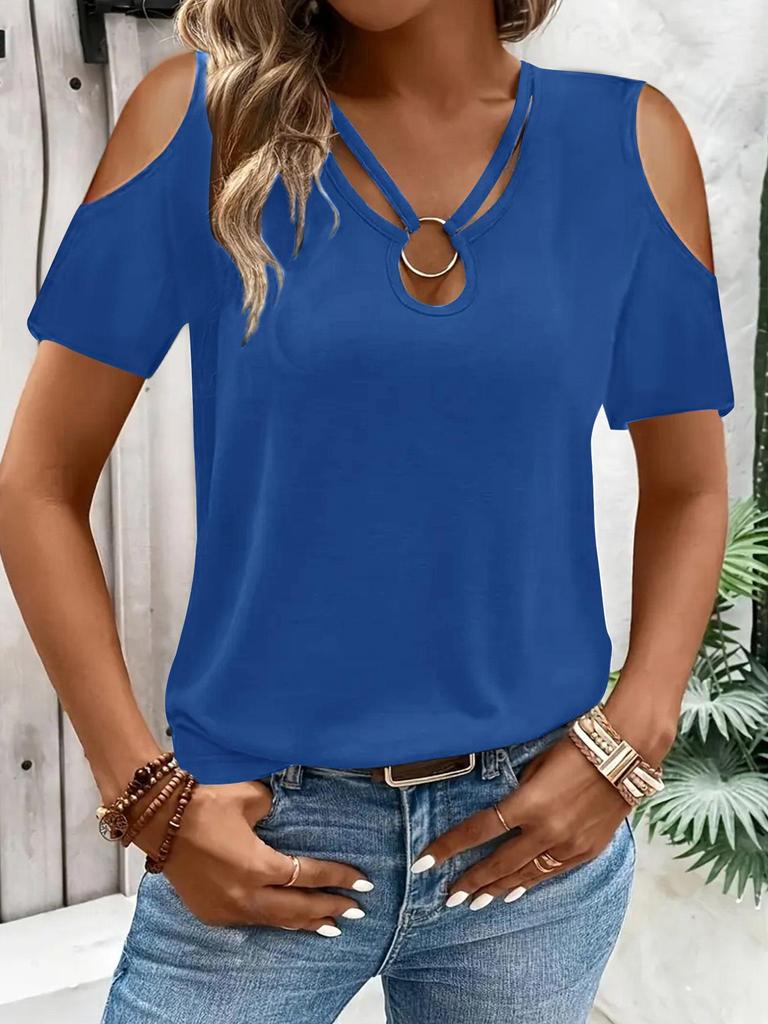 2025 Women's Solid Color V-Neck Off-Shoulder Short Sleeve Loose T-Shirt
