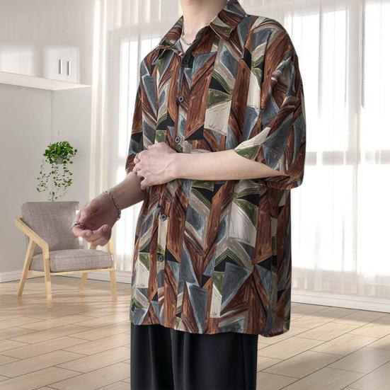 Мужская пляжная рубашка с короткими рукавами, насыщенные цвета, винтажные Гавайские свободные брюки, однобортный отложной воротник, мужская рубашка для отпуска, мужская одежда