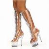 Fashion 15cm High Heel Transparent High Boots, Steel Pipe Dance, PVC Front Ribbon COSPLAY Club High Heel Boots