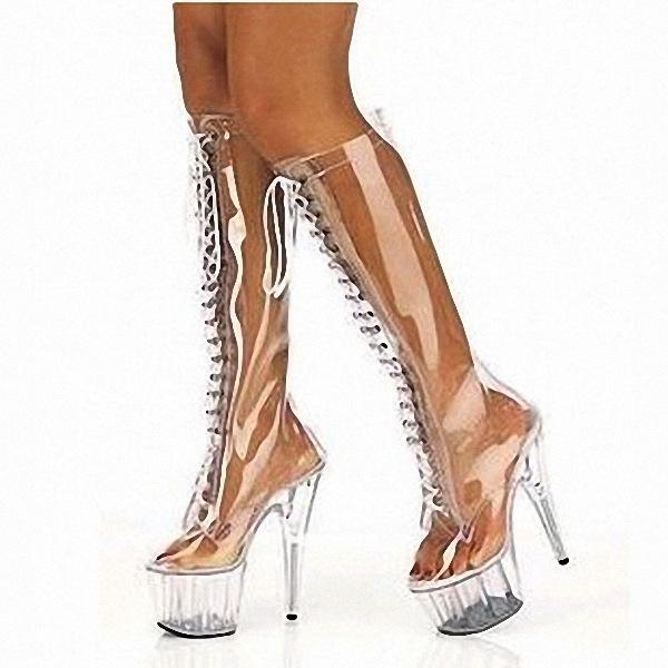 Fashion 15cm High Heel Transparent High Boots, Steel Pipe Dance, PVC Front Ribbon COSPLAY Club High Heel Boots