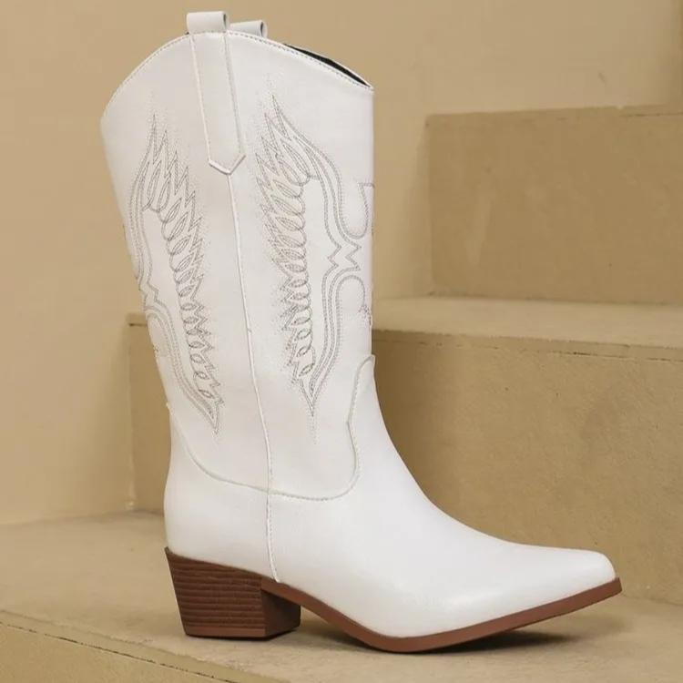 Женские полусапоги на среднем каблуке с острым носком, однотонные, вышитые ковбойские сапоги в западном стиле